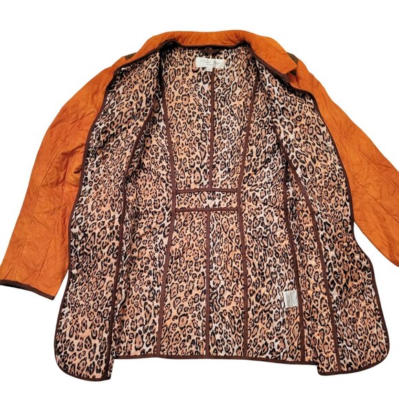 Tasha Polizzi Orange Quilted Coat L Leopard Print Lining Brown Tweed Trim Patche - Picture 3 of 10